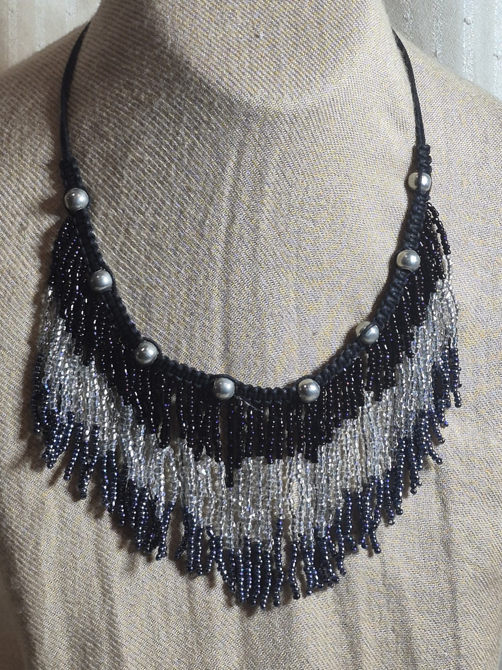 Boho Black & Silver Beaded Fringe Statement Choker Necklace